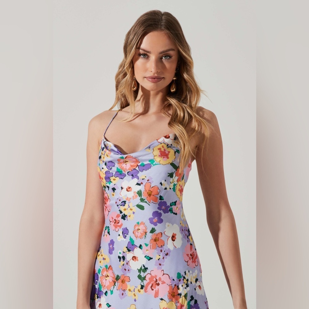 ASTR Gaia Draped Collar Satin Midi Dress in Periwinkle Floral Size Small NWT - Picture 12 of 13